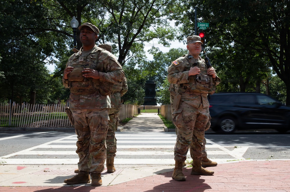 Two U.S. Army soldiers in OCP (Operational Camouflage Pattern) uniforms are standing at a crosswalk intersection, appearing to be on guard or security duty. A street sign reading 'Logan' is visible in the background, along with a fenced park area containing a statue or monument. The scene suggests a military security presence in an urban area.