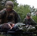 Military personnel are conducting a combat casualty care exercise, with what appears to be a simulated wounded soldier lying on a stretcher covered in a mylar/emergency blanket. A US Marine in MARPAT camouflage and combat helmet is attending to the casualty, while a Swedish military service member (identified by the Swedish flag patch) takes notes with a pen. A third military figure in MARPAT uniform is partially visible on the right side of the frame.