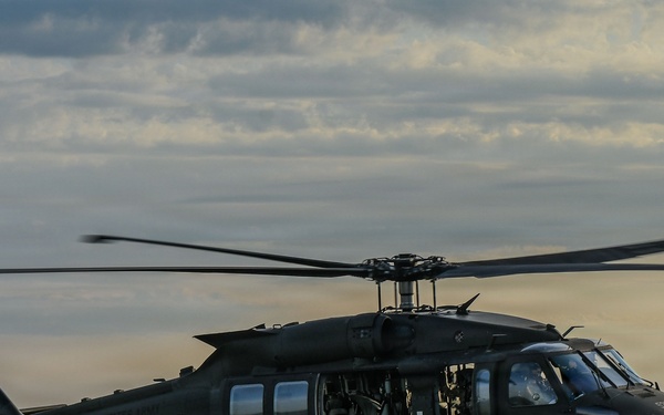 A military utility helicopter, consistent with a UH-60 Black Hawk, is captured in flight over a rural, green landscape at low altitude during overcast conditions. The aircraft is painted in flat olive/dark green military livery and has its side door open with personnel visible inside. The image is a high-quality aerial photograph likely taken from another aircraft flying in formation.
