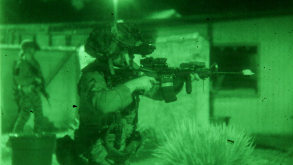 A night-vision captured image showing armed military personnel conducting an operation in what appears to be an urban or compound environment. The primary subject in the foreground is aiming a rifle equipped with tactical accessories, while a second soldier is visible in the background. The characteristic green monochrome tones confirm this was recorded through night-vision optics.