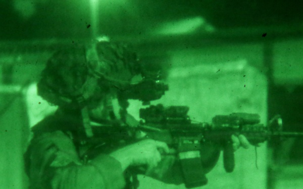 A night-vision captured image showing armed military personnel conducting an operation in what appears to be an urban or compound environment. The primary subject in the foreground is aiming a rifle equipped with tactical accessories, while a second soldier is visible in the background. The characteristic green monochrome tones confirm this was recorded through night-vision optics.