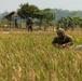 A soldier in camouflage uniform and helmet is crouched low in a tall grass field, appearing to handle equipment or a pack. Two additional soldiers are visible in the background near a rustic wooden structure, suggesting a military field exercise or patrol operation. The setting appears to be a rural agricultural area in a tropical region, indicated by banana trees and lush vegetation.