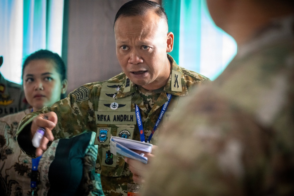 A military officer wearing a camouflage uniform with the name tape 'RIFKA ANDRI.H' is engaged in an animated discussion, holding papers and a pen. He is wearing rank insignia and multiple unit patches, along with a blue lanyard with an ID badge. The setting appears to be an indoor military briefing or coordination meeting with other personnel present.
