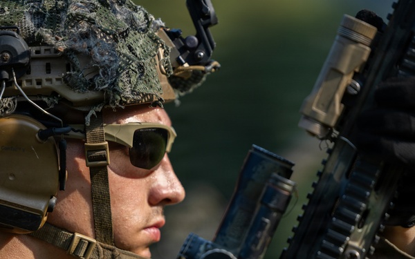 A close-up photograph of a military service member in full combat gear examining or inspecting a rifle. The subject is wearing MARPAT (Marine pattern) camouflage uniform and helmet with netting, tactical hearing protection, and ballistic sunglasses. The image is professionally composed with sharp focus on the subject against a blurred green background.
