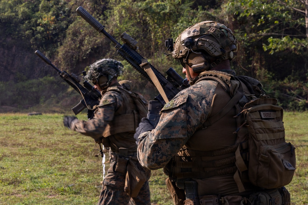 Two military personnel in full combat gear are positioned in an open grassy field with dense vegetation in the background. Both are wearing MARPAT (Marine Pattern) camouflage uniforms, tactical helmets, body armor, and carrying rifles, consistent with U.S. Marine Corps equipment. The foreground soldier has a name tape reading 'CASTILLO' visible on their backpack.