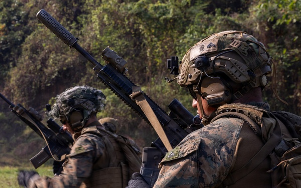 Two military personnel in full combat gear are positioned in an open grassy field with dense vegetation in the background. Both are wearing MARPAT (Marine Pattern) camouflage uniforms, tactical helmets, body armor, and carrying rifles, consistent with U.S. Marine Corps equipment. The foreground soldier has a name tape reading 'CASTILLO' visible on their backpack.