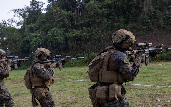 A group of military personnel in full combat gear are conducting a live-fire range exercise on an outdoor grass field. The soldiers, wearing MARPAT (Marine pattern) camouflage uniforms, are advancing in a line formation while aiming rifles at paper targets positioned to the right. The setting appears to be a training range surrounded by dense tropical or subtropical vegetation.