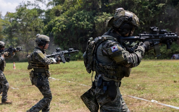 A group of soldiers wearing South Korean military uniforms and tactical gear are conducting a live-fire or combat training exercise on an outdoor range. The soldiers are advancing in a line formation while aiming their rifles toward targets visible in the background. The setting appears to be a grassy field with forested hills in the background.