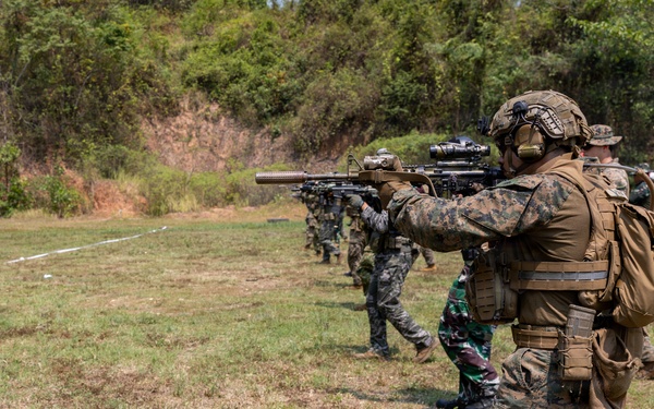 A military training exercise is taking place on an outdoor firing range, with multiple soldiers from what appear to be different nations lined up in a shooting formation. The foreground soldier wears USMC MARPAT digital camouflage with full tactical gear, while others in the line wear different camouflage patterns suggesting a multinational exercise. Observers and range safety personnel are visible in the background.