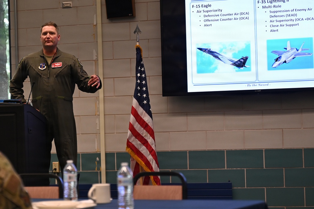 A U.S. Air Force officer in a flight suit is delivering a briefing or presentation in a conference room setting. The presentation slide visible on the large screen compares the F-15 Eagle and F-35 Lightning II aircraft, detailing their respective mission roles. An American flag stands between the presenter and the display screen.