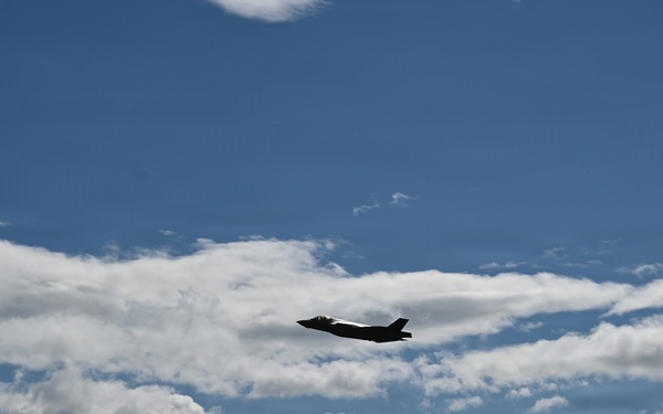 A single military jet aircraft, identifiable by its silhouette as an F-35 Lightning II, is captured in flight against a partly cloudy blue sky. The aircraft appears as a dark silhouette, flying at moderate altitude over a treeline visible at the bottom of the frame. The image was taken from a ground-level perspective looking upward.