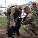 Two U.S. Army soldiers in OCP (Operational Camouflage Pattern) uniforms crouch down to interact with a black Labrador dog on a leash in an urban park setting. A third soldier stands in the background observing, while a law enforcement officer in black tactical gear is partially visible on the left. The scene appears to be a community engagement or patrol operation in a residential neighborhood.