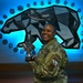 A U.S. Air Force service member in OCP (Operational Camouflage Pattern) uniform is smiling and holding a trophy or award. She is standing in front of a geometric polar bear wall art installation with blue LED backlighting, surrounded by military unit patches/coins. The patch on her shoulder appears to be associated with Alaskan Command or a unit based in Alaska.