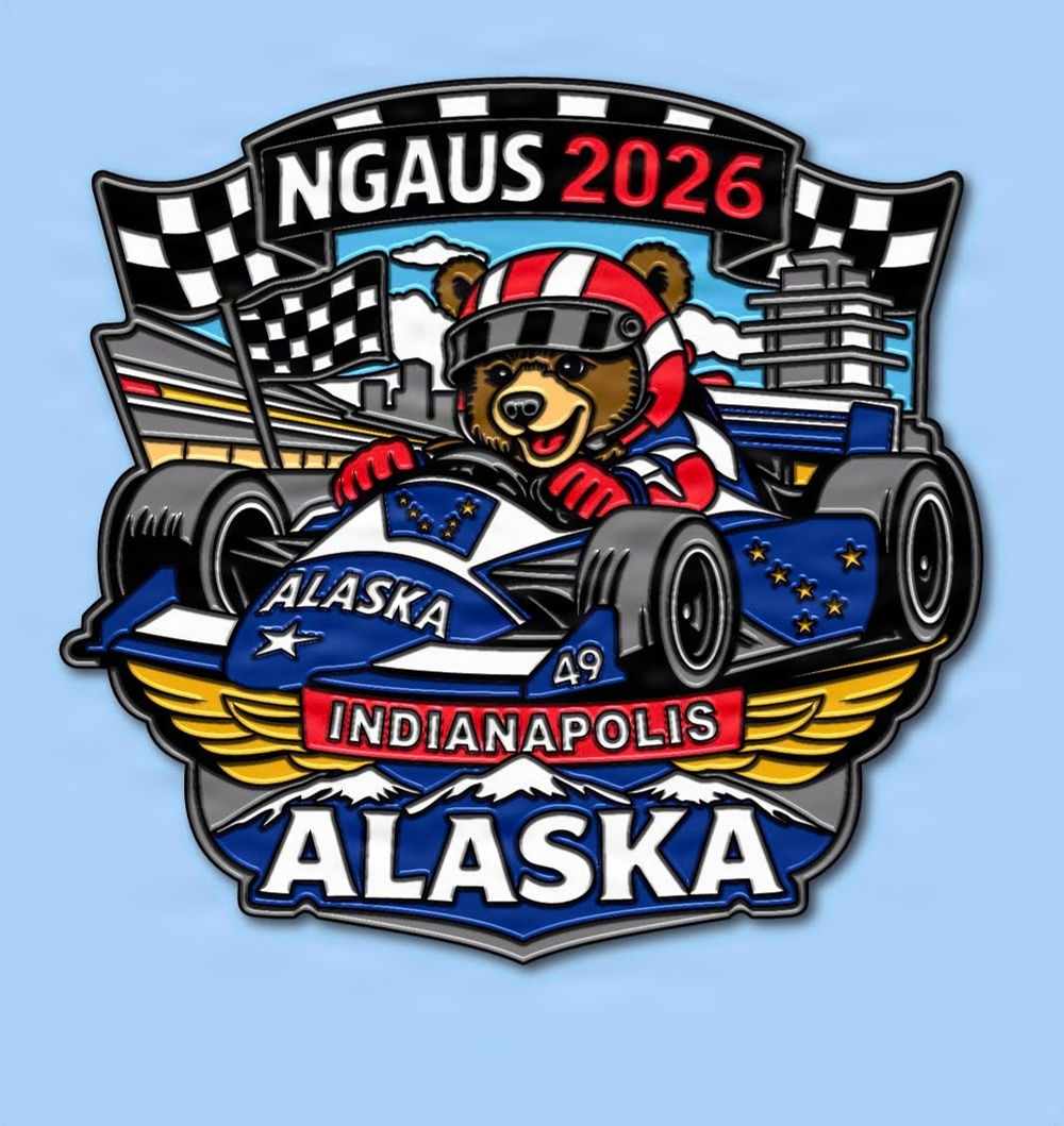 This is a colorful commemorative pin or patch design for NGAUS 2026 in Indianapolis, representing the Alaska delegation. It features a cartoon bear mascot wearing a racing helmet driving an IndyCar decorated with Alaska state flag imagery. The design combines Indianapolis Motor Speedway racing themes with Alaskan symbols including mountains, stars, and the number 49 (Alaska's statehood number).
