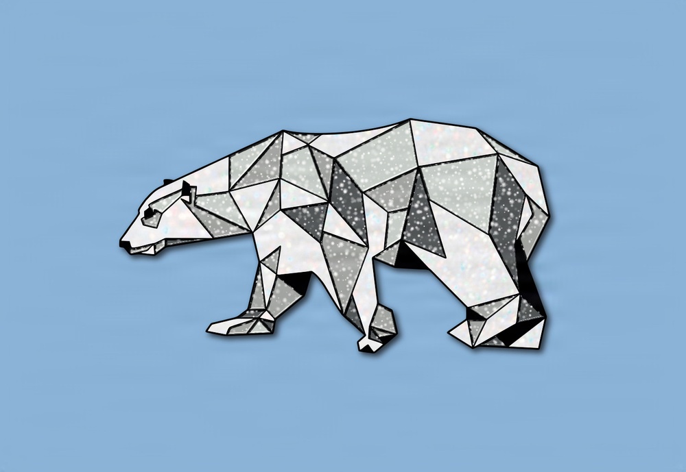 The image depicts a geometric low-poly style illustration of a polar bear rendered in white, gray, and black tones with a sparkling or starry texture within the polygonal facets. The bear is shown in a walking pose facing left against a solid light blue background. The artwork combines angular, faceted design with a subtle iridescent or snowy particle effect.