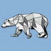The image depicts a geometric low-poly style illustration of a polar bear rendered in white, gray, and black tones with a sparkling or starry texture within the polygonal facets. The bear is shown in a walking pose facing left against a solid light blue background. The artwork combines angular, faceted design with a subtle iridescent or snowy particle effect.