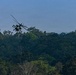 A military attack helicopter is flying low over a dense tropical forest canopy. The helicopter appears to be an AH-64 Apache or similar attack variant, identifiable by its tandem cockpit configuration and weapons pylons on the stub wings. The image was taken from a distance, with the helicopter silhouetted against a hazy blue sky.