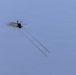 A military attack helicopter is captured in silhouette against an overcast, pale blue-grey sky. The helicopter has just fired what appear to be two rockets or missiles, visible as twin smoke trails extending diagonally downward from the aircraft. The image is taken from a significant distance, rendering the helicopter as a dark silhouette.