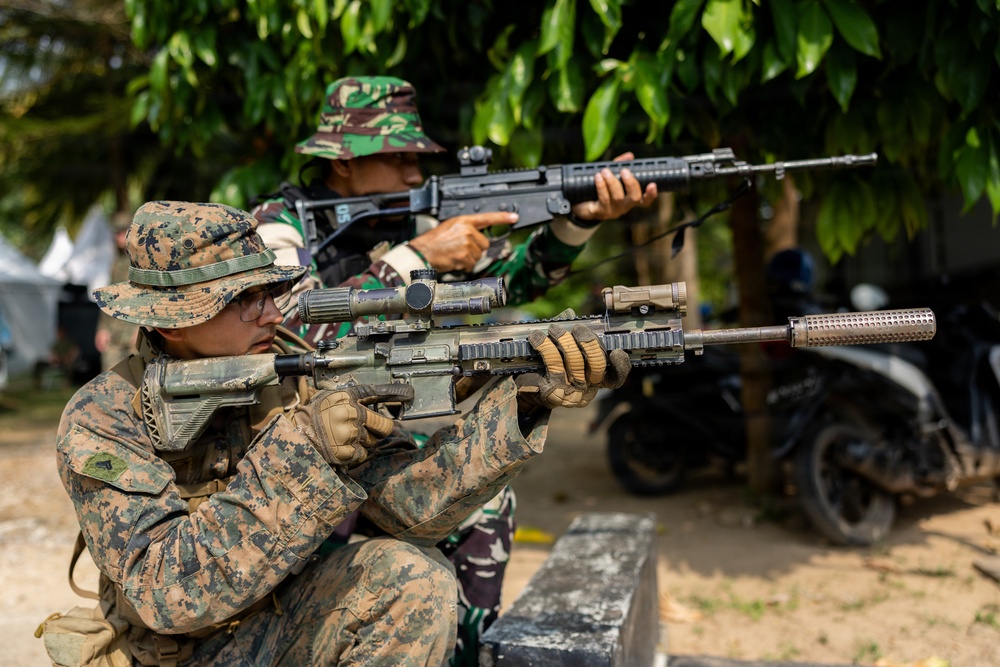 Two military personnel in different camouflage uniforms are aiming rifles in an outdoor training or exercise setting. The foreground soldier wears MARPAT (US Marine) digital camouflage, while the background soldier wears a woodland/tropical pattern consistent with Southeast Asian military forces. Both are in shooting stances with their weapons raised.