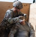 A U.S. Army soldier from the 10th Mountain Division is applying a bandage or dressing to the head/eye area of a casualty during what appears to be a combat casualty care training exercise or real medical treatment. The treating soldier is in full combat gear including a helmet and multicam uniform, while the casualty is leaning against a plywood barrier. The scene depicts tactical combat casualty care (TCCC) procedures being performed.