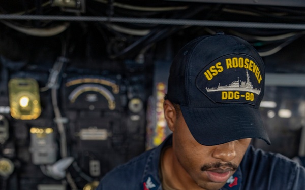 A U.S. Navy sailor assigned to USS Roosevelt (DDG-80) is working at a control station aboard the ship. The sailor, identified by name tape as 'JAMES,' is wearing a navy blue coverall uniform and a USS Roosevelt DDG-80 ball cap. The background shows a dimly lit shipboard interior with various gauges, panels, and equipment consistent with a naval vessel's operational spaces.