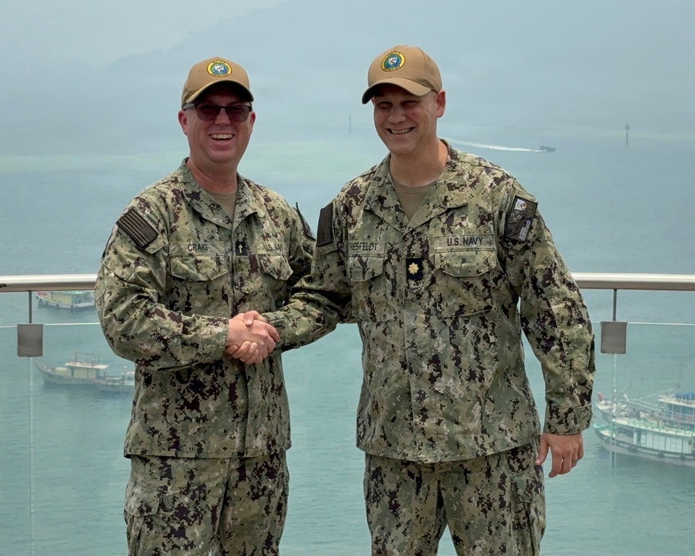 Lt. Cmdr. Joel Thiesfeldt, bandmaster of Pacific Fleet Band, is promoted to current rank.