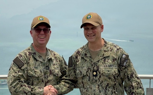 Lt. Cmdr. Joel Thiesfeldt, bandmaster of Pacific Fleet Band, is promoted to current rank.