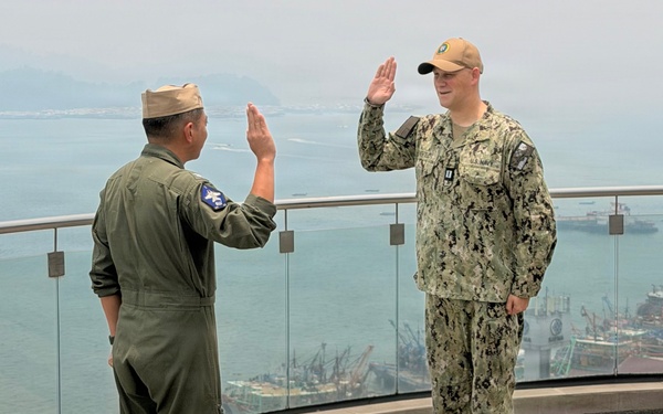 Lt. Cmdr. Joel Thiesfeldt, bandmaster of Pacific Fleet Band, is promoted to current rank.
