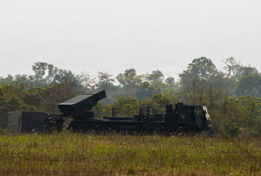 The image shows a military multiple launch rocket system (MLRS) mounted on a heavy truck, positioned in an open grassy field with dense tropical vegetation in the background. The launcher pod is elevated at an angle, suggesting a firing or ready position. At least one uniformed personnel is visible near the vehicle.