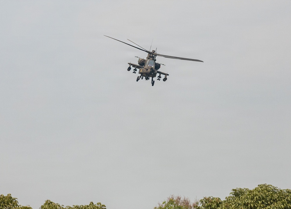 A military attack helicopter, consistent with an AH-64 Apache, is photographed in flight against an overcast gray sky. The helicopter is viewed from a slightly below-front angle, revealing its tandem cockpit, stub wings with weapon pylons, and sensor systems. Treetops are visible along the bottom edge of the frame.