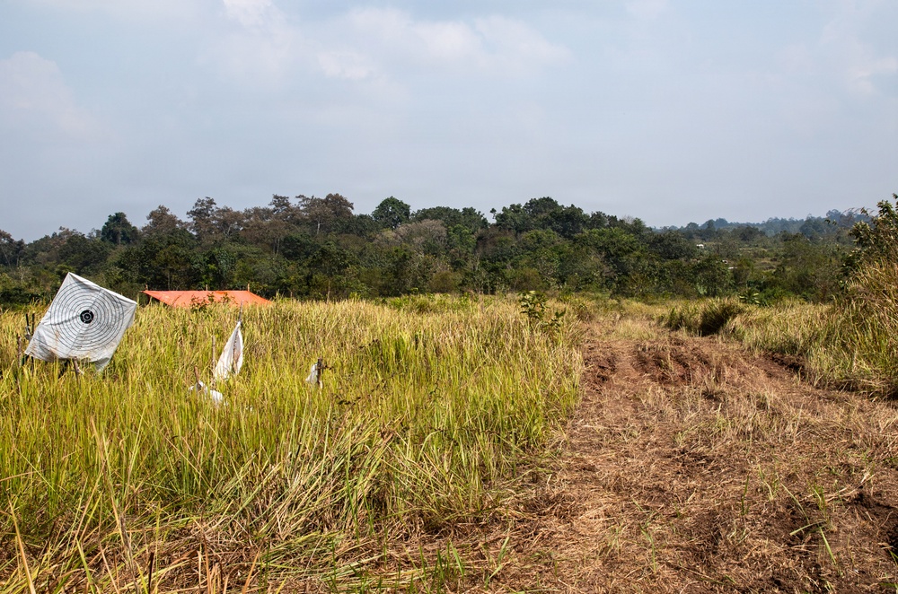 A rural agricultural field with tall grass and a dirt path running along the right side. On the left, a shooting target (bullseye) is mounted on a post among the vegetation, with a red-roofed structure visible in the background. The scene is set against a backdrop of dense tropical or subtropical trees under a partly cloudy sky.