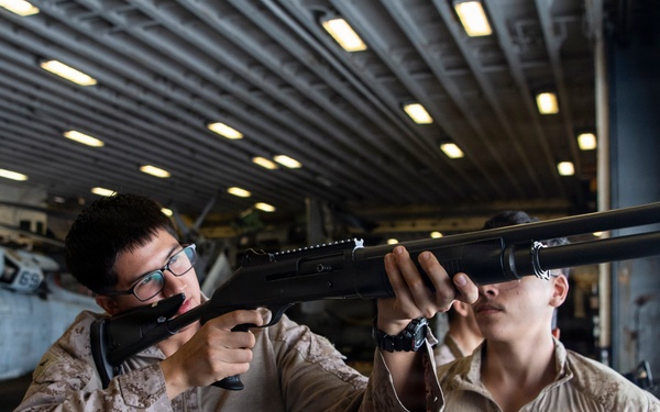 U.S. Marines Conduct Weapons Familiarization Drills Aboard USS Boxer