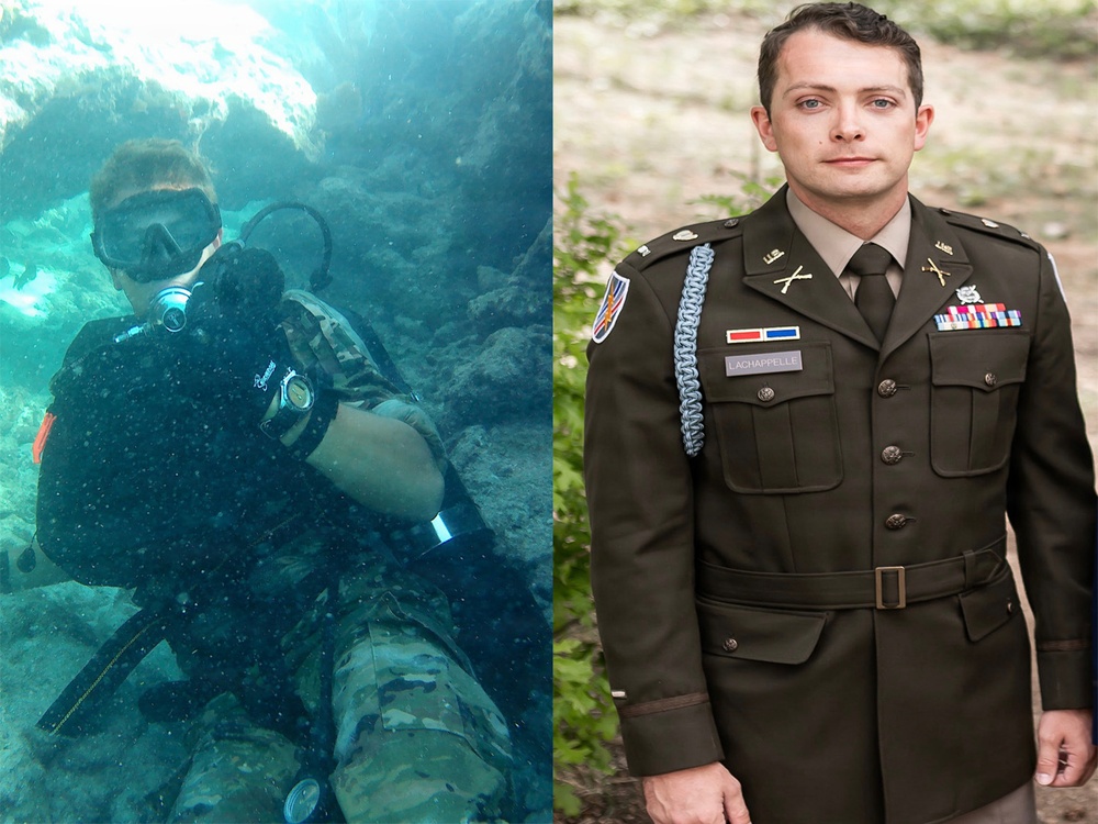 The image is a side-by-side composite of two photographs. The left photo shows a scuba diver underwater wearing camouflage gear and diving equipment. The right photo shows a military officer in a formal U.S. Army dress green uniform with visible insignia and a name tape reading 'LACHAPPELLE'.