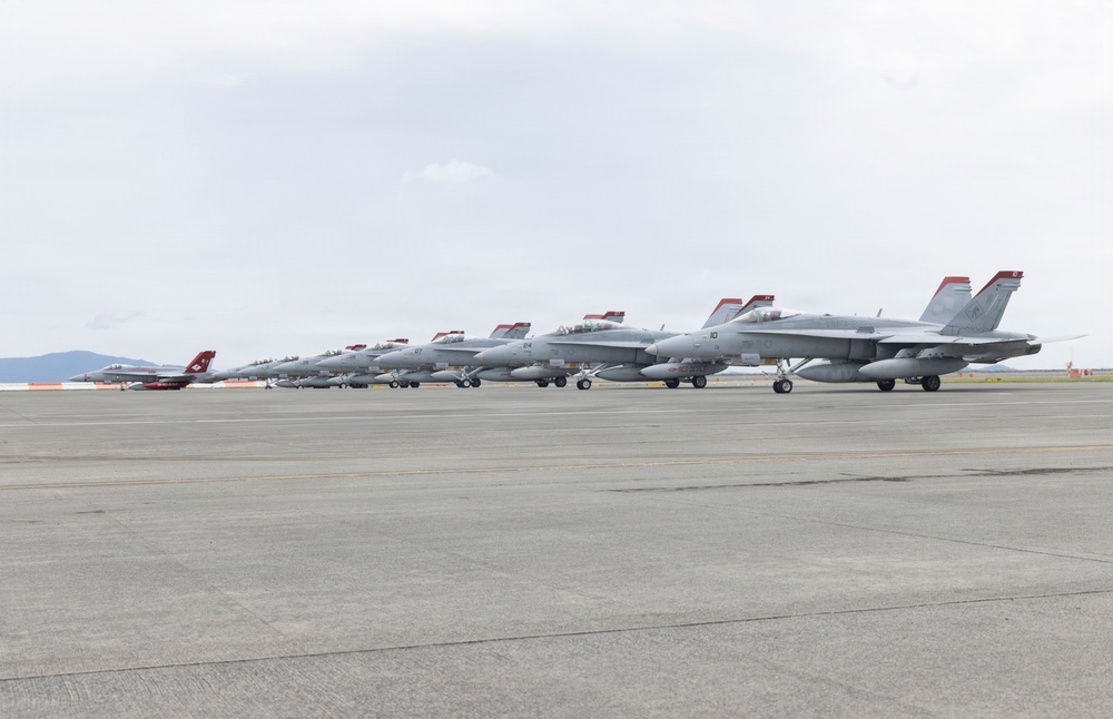 A line of military jet aircraft, appearing to be F/A-18 Hornets or Super Hornets, are parked in formation on a concrete tarmac under an overcast sky. The aircraft are painted in standard gray livery with distinctive red-tipped tail fins and safety covers. The scene appears to be at a naval or military air station, with mountains faintly visible in the background.