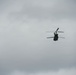 A tandem-rotor helicopter, consistent with a CH-47 Chinook design, is photographed in flight against an overcast, grey sky. The aircraft appears dark/olive in color and is viewed from a slightly below-rear angle. The image was taken at a distance, resulting in limited fine detail of the aircraft.