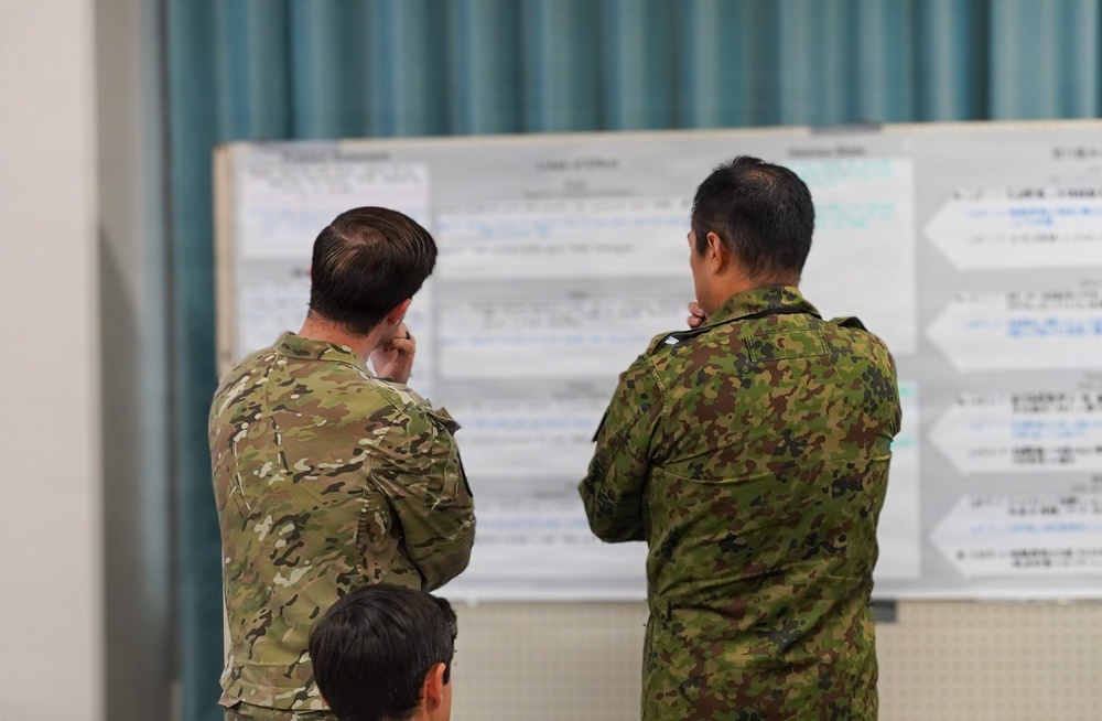 Two military personnel in different camouflage uniforms are standing with their backs to the camera, studying a large whiteboard or briefing board covered in text and charts. A third individual is partially visible in the lower foreground. The setting appears to be an indoor briefing or planning room with teal curtains in the background.