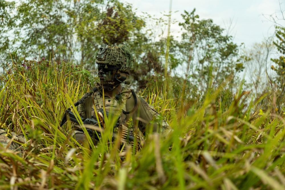 A heavily camouflaged soldier is positioned low in tall grass, wearing full tactical gear including a helmet with foliage attached and face paint. The soldier appears to be in a concealed observation or overwatch position in a lush, vegetated environment. The image captures a military field exercise or operational scenario emphasizing stealth and concealment techniques.
