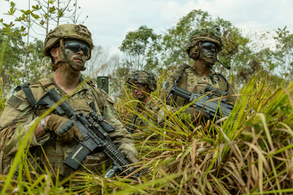 Three military personnel in full combat gear are positioned in tall grass, likely conducting a field training exercise or tactical operation. All three wear camouflage face paint, tactical helmets, body armor, and are equipped with assault rifles. The setting appears to be a tropical or subtropical environment based on the vegetation.