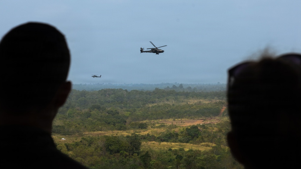 Two military attack helicopters, consistent with AH-64 Apache design, are flying over a dense forested landscape under overcast skies. Two silhouetted observers in the foreground watch the helicopters from an elevated vantage point. The scene appears to depict a military training exercise or demonstration.