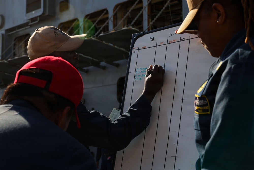 Three individuals are gathered around a whiteboard mounted outdoors, with one person actively writing on it using a marker. The board appears to be a tracking or accountability chart with columns labeled 'IN', 'OUT', and 'LOC'. The setting appears to be near a large naval or industrial vessel in the background.