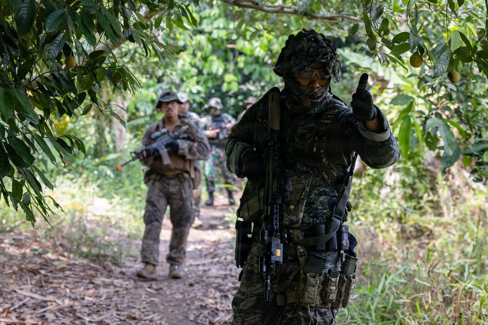 The image shows a group of military personnel conducting a patrol or training exercise along a jungle trail. Multiple soldiers from what appear to be different units or nationalities are visible, with the foreground soldier in full tactical gear giving a hand signal. The setting is a dense tropical environment with fruit-bearing trees overhead.