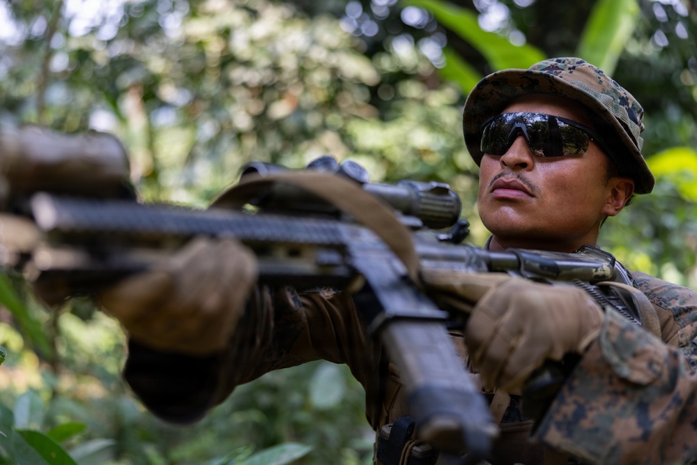 A soldier in military camouflage uniform is positioned in a jungle or dense forest environment, holding a rifle in a ready position. The individual is wearing tactical gear including a camouflage patrol cap, dark sunglasses, and tactical gloves. The image appears to depict a military patrol or training exercise in a tropical setting.