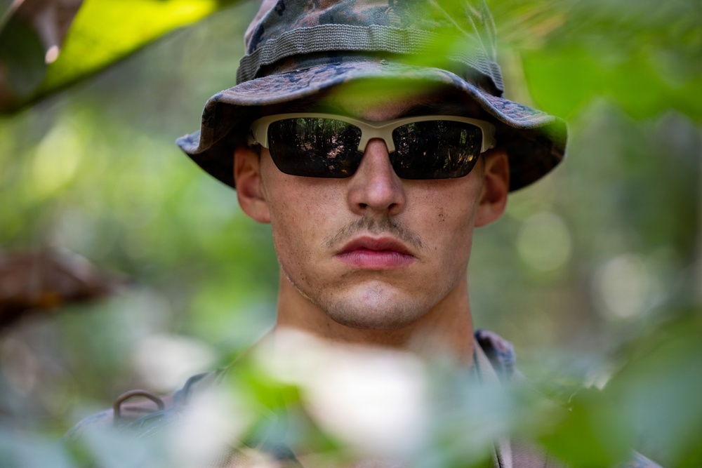 A young male soldier or military personnel is photographed in a forested environment, wearing camouflage gear. He is partially obscured by out-of-focus foliage in the foreground, suggesting a surveillance or patrol context. The close-up portrait emphasizes a serious, alert expression.
