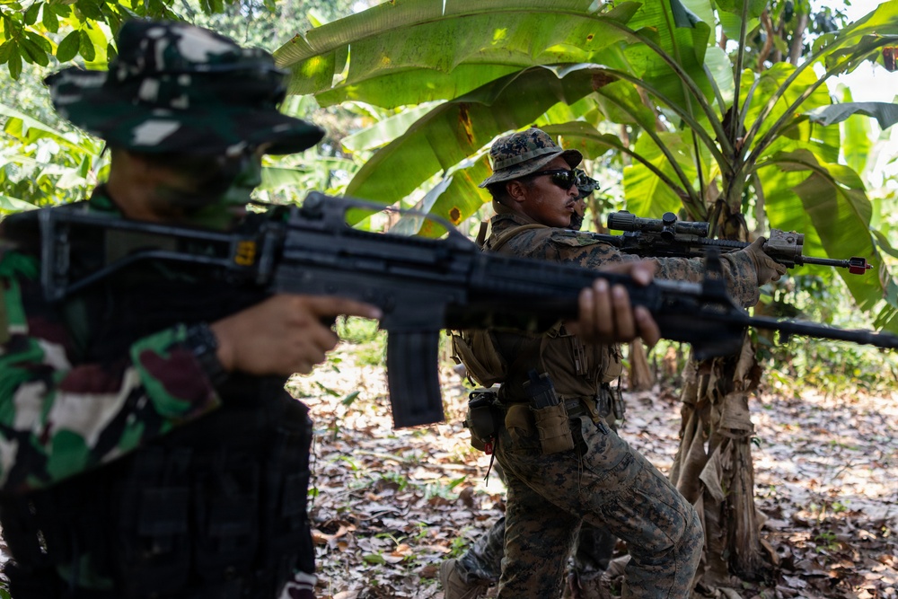 Two armed military personnel are conducting what appears to be a joint training exercise in a tropical jungle environment. One soldier wears Indonesian Army (TNI-AD) woodland camouflage uniform, while the other wears US Marine Corps MARPAT digital camouflage with tactical gear. Both are in a low ready or aimed firing stance among dense tropical vegetation including banana trees.