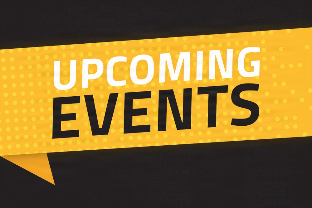 The image is a promotional graphic featuring the text 'UPCOMING EVENTS' displayed on a bold yellow diagonal banner against a dark/black textured background. The design uses a high-contrast color scheme of yellow, white, and black with a halftone dot pattern overlay on the banner. It appears to be a generic event announcement template or header graphic.
