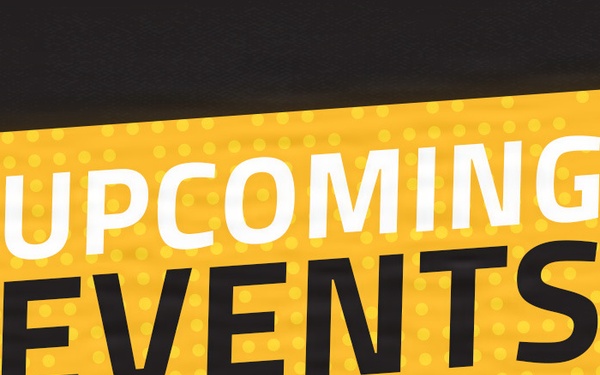 The image is a promotional graphic featuring the text 'UPCOMING EVENTS' displayed on a bold yellow diagonal banner against a dark/black textured background. The design uses a high-contrast color scheme of yellow, white, and black with a halftone dot pattern overlay on the banner. It appears to be a generic event announcement template or header graphic.