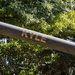 The image shows a large metal barrel or tube with the name 'KYLE' stenciled in gold/yellow lettering on its surface. The object appears to be a cannon or artillery barrel, likely from a military vehicle or static display. It is photographed at an upward angle against a backdrop of green deciduous and coniferous trees.