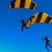 Two skydivers are descending under fully deployed parachutes against a clear blue sky. Both canopies share an identical yellow and dark brown/black striped pattern, suggesting they are part of the same team or demonstration group. The image is taken from below and slightly to the side, capturing both jumpers in close proximity during their descent.