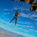 Two skydivers are descending under deployed black and gold parachutes against a bright blue sky with scattered clouds. The left skydiver is wearing gear marked with 'ARMY' in yellow lettering, indicating affiliation with a U.S. Army parachute team, likely the Golden Knights. A mountainous landscape and urban area are visible far below.