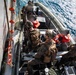 Military personnel in full tactical gear are operating from a rigid-hull inflatable boat (RHIB) alongside a larger vessel. Several individuals wearing orange life vests, distinct from the armed personnel in camouflage, are present in the boat. The scene appears to depict a maritime boarding or interdiction operation conducted at sea.